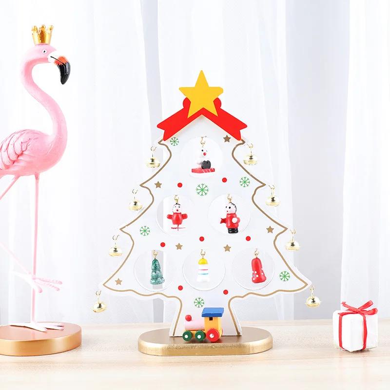 Holiday Tabletop Decor Carved Wood Xmas Tree 6 Hole Centerpiece for Mantel Scene Christmas Village Diorama Craft Ornament