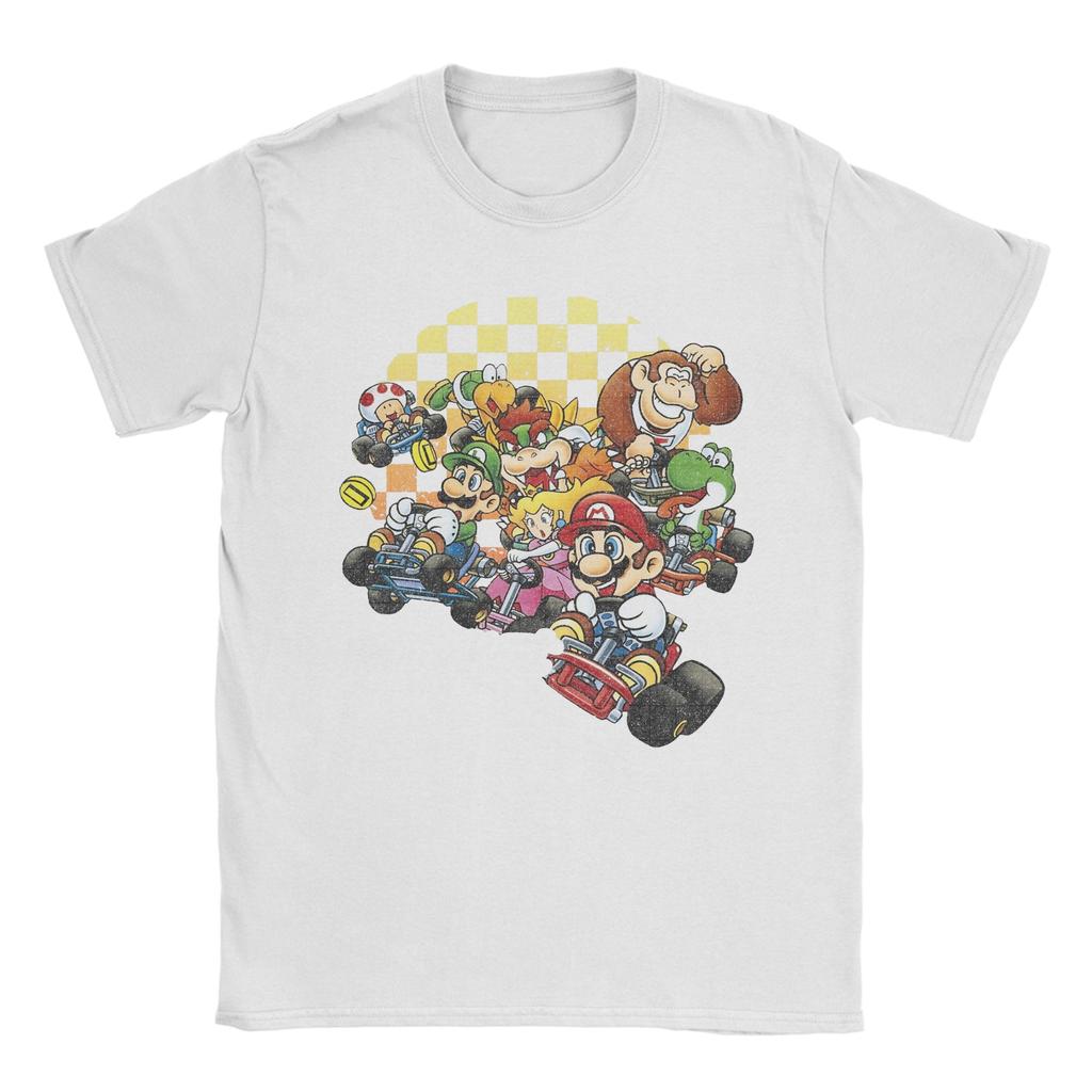 Unisex Marios Kart Groepsfoto Geruite Poster T-shirts Puur Katoenen Kleding Grappige Ronde Hals T-shirts Grote Maten T-shirt