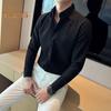Men Spring Fall Shirt Frence Style Turn-down Collar Slim Fit Waffle Texture Single-breasted Long Sleeves Pure Color Mid Length Young Formal Business