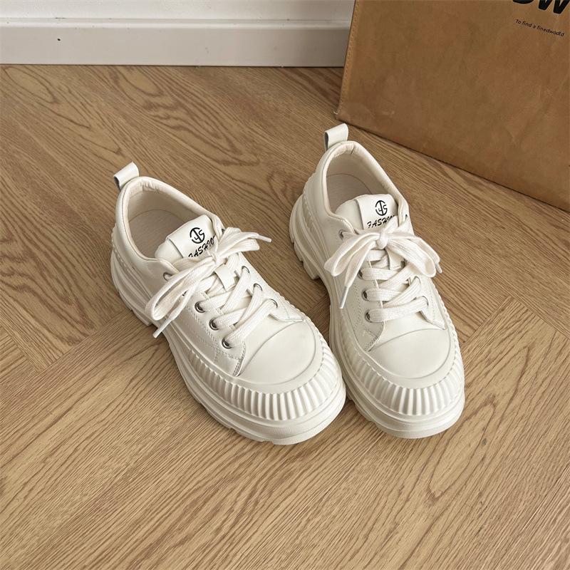 

Fashion Retro Solid Color Round Toe Thick Sole Platform Chunky Heels Women Sneakers Lace Up Fashion Western Casual Trainer Punk Shoes 35