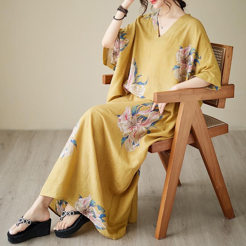 Real Shot Summer V-neck Thin Cotton and Linen Large Size Loose Literary Holiday Wind Beach Skirt Retro Long Robe