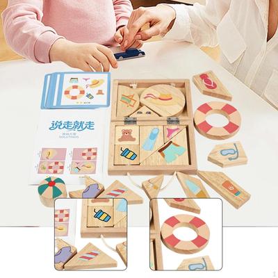 Wood Shapes Puzzle Box Pattern Block with 15 Cards Tabletop Game Fine Motor Skill Creativity Road