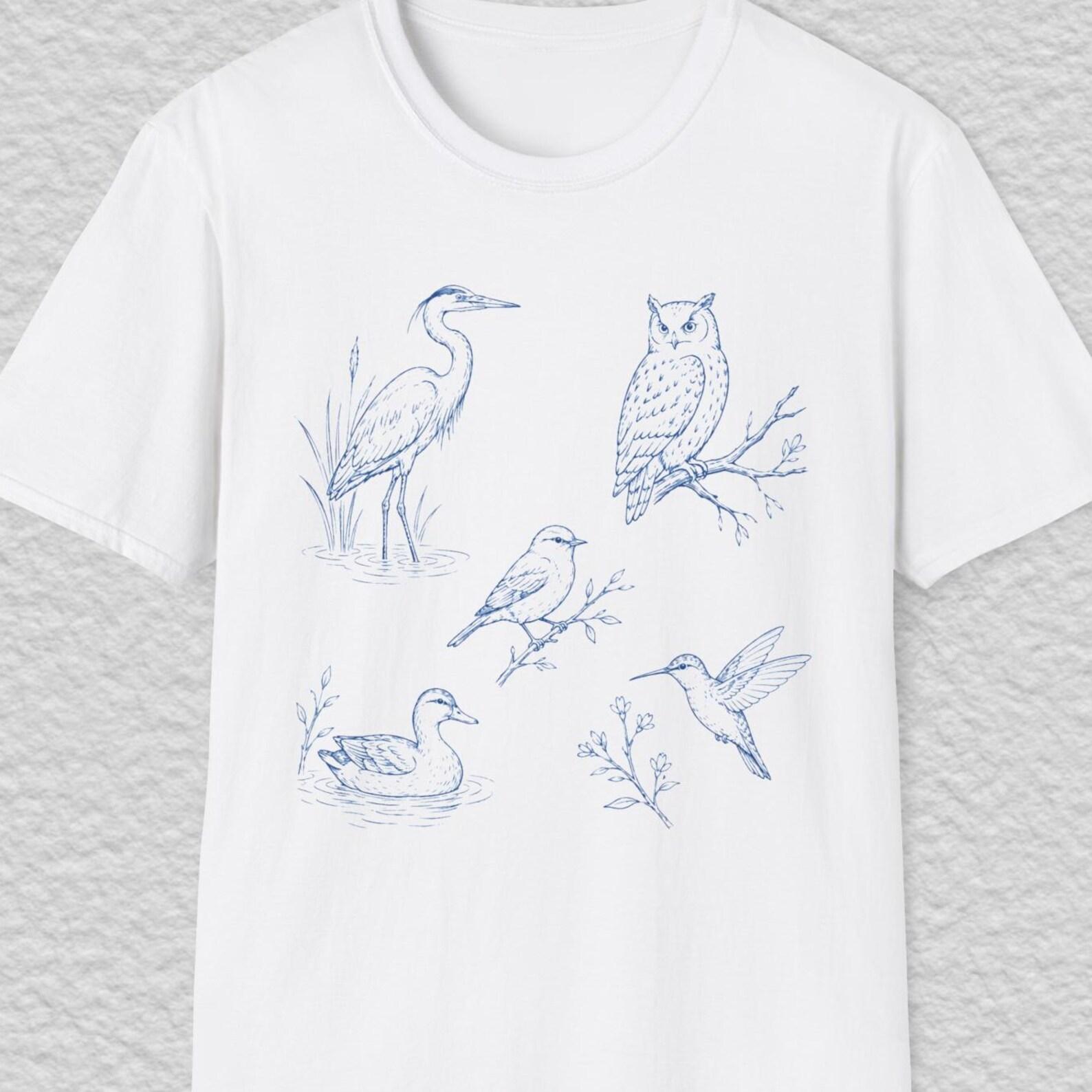Bird Sketch Shirt, Blue Bird Line Art Tee, Birdwatching T shirt, Nature Lover Shirt, Botanical Bird Tee S