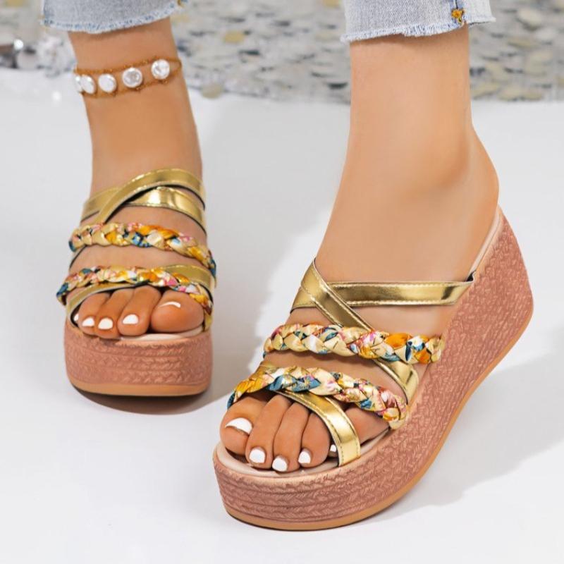 

Модные летние туфли на высоком каблуке, сандалии большого размера для женщин, ремешок, скошенный каблук, толстая подошва, римские сандалии 34 золотой