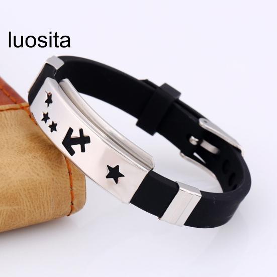 Men's Horoscope Stainless Steel Silicone Wristband Bangle Clasp Cuff Bracelet