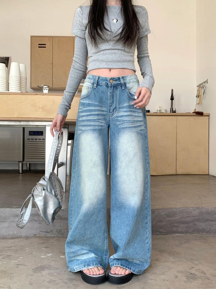 

Потертые Джинсы Большого Размера Женские Осенние Нишевый Дизайн Чувство Тонкие Сто Процентов Высокая Посадка Широкие Брюки Джинсы для Женщин Длинные Джинсовые Брюки 4XL