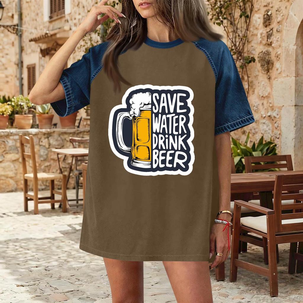 Casual Women Denim Patchwork Oktoberfest Graphic T Shirt Comfortable Short Sleeve Loose Fit Top for Daily Wear