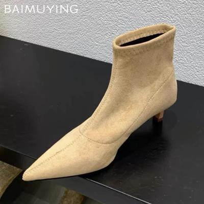 Suede Pointed Toe Women Ankle Boots Mid Heels Stilettos Shoes Woman 2026 Trend Winter Fashion Elegant Sexy Chelsea Botas Female