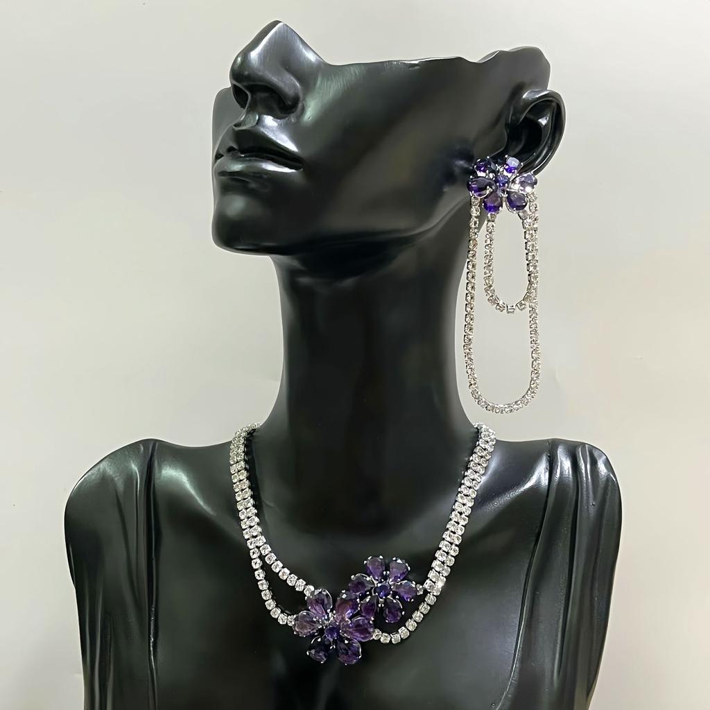 Geometric Diamond-Encrusted Flower Necklace Exaggerated Personality Collarbone Chain Niche Temperament Light Luxury High-End Item Decoration