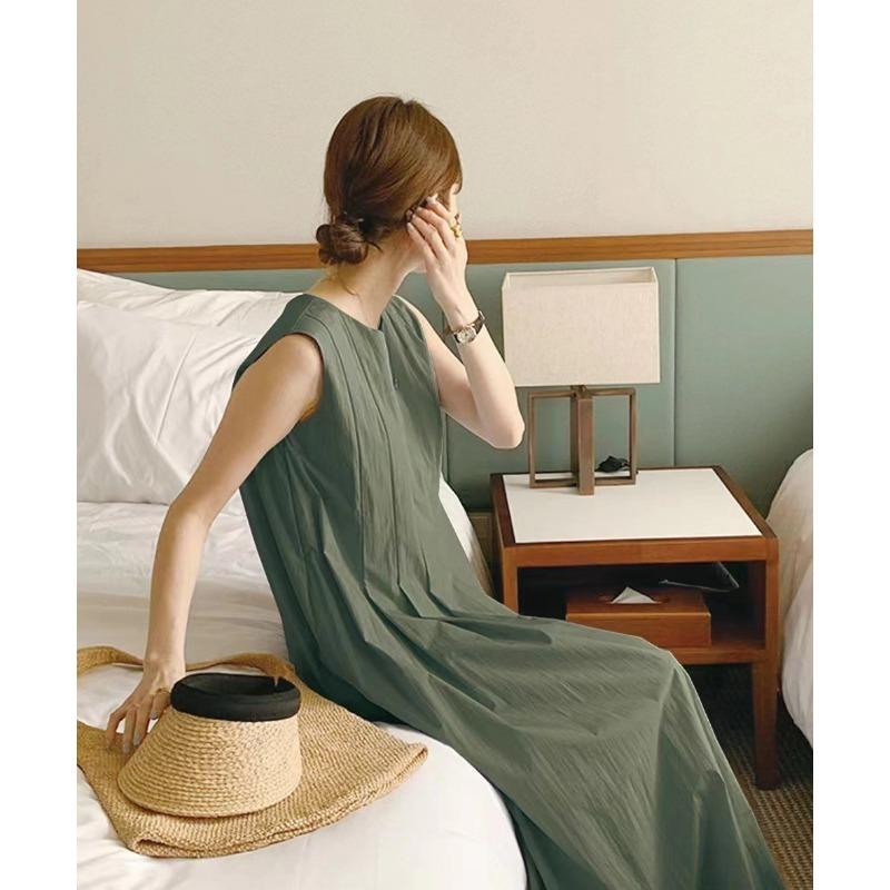 Summer Round Neck Pleated Sleeveless Vest Dress