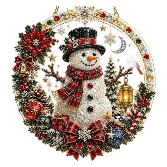 Seasonal Party Hanging Decor Xmas Snowman Ornament, Round Acrylic Santa Reindeer Holiday Office Ornaments Christmas Door Sign for Festive Window Wall