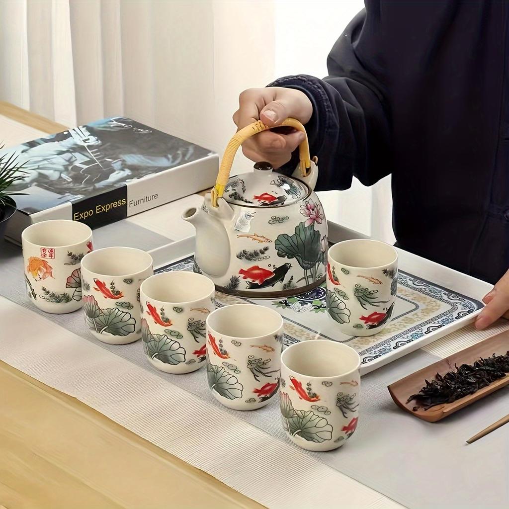1set Ancient Chinese Ink Painting Ceramic Tea Set 7pcs Large Capacity Teapot With Tea Cups Afternoon Tea Set Gift For Tea Lovers Tea Accessories
