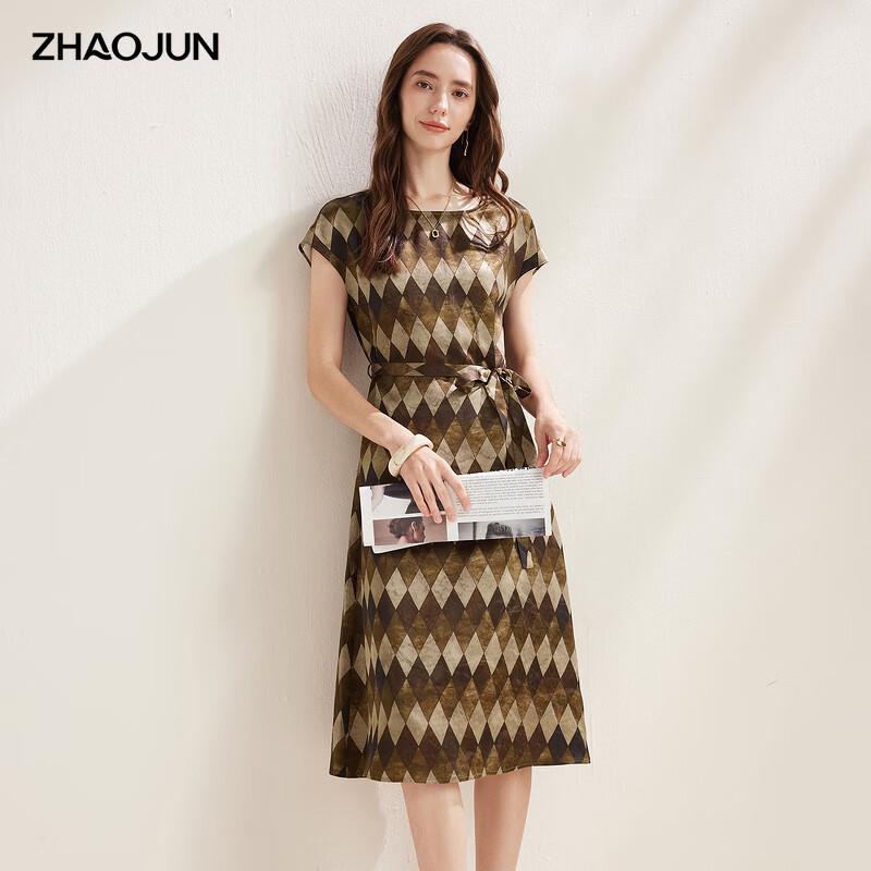 Zhaojun Women s Summer Silk Blend Printed Round Neck Midi Dress XL