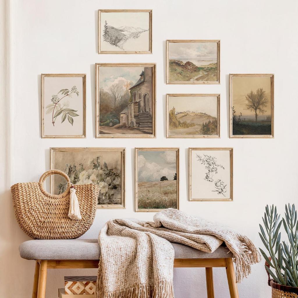 TheCanvas Vintage Wall Art Prints Set of 9, Eclectic Nature Wall Art for Living Room, French Country Landscape Painting, Gallery Wall Decor for