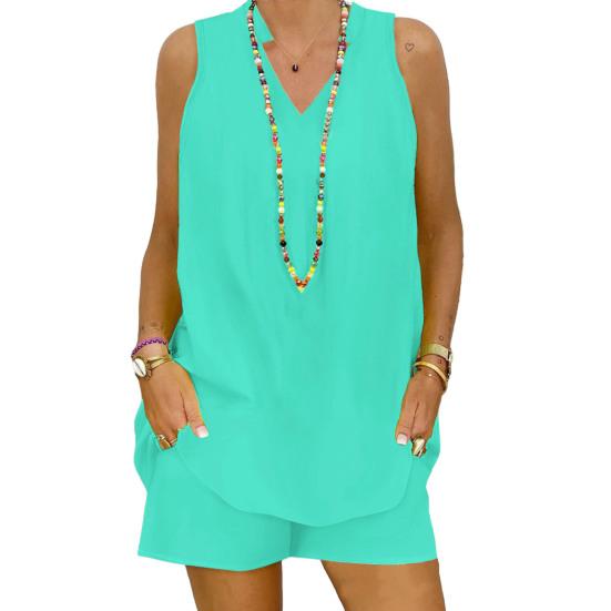 2 Stück/Set Damen T-Shirt Shorts Set Locker V-Ausschnitt Ärmellos Stehkragen