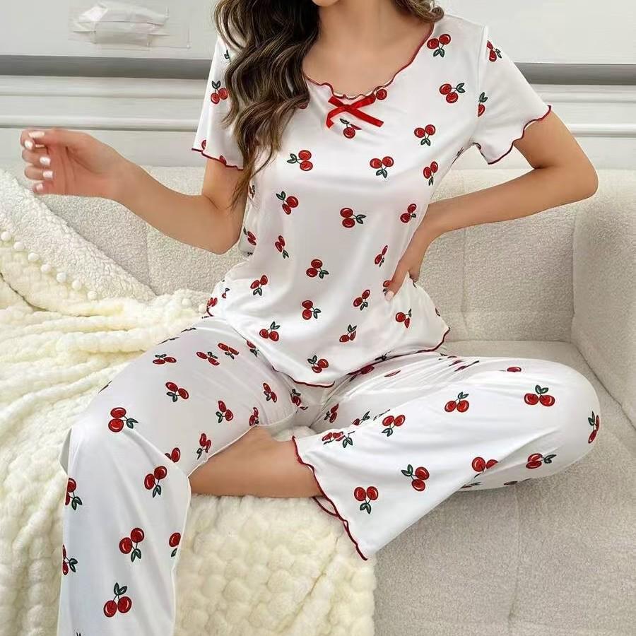 Women's Cherry Print Short Sleeve Pajamas with Long Pants and Turn-Down Collar