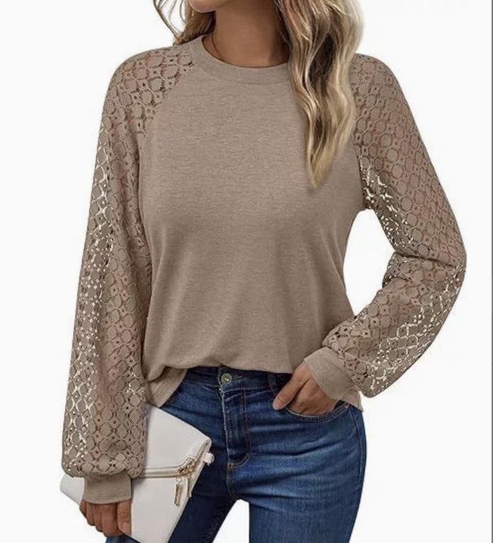 Blusa holgada de manga larga con cuello redondo y ribete de encaje para mujer 2025