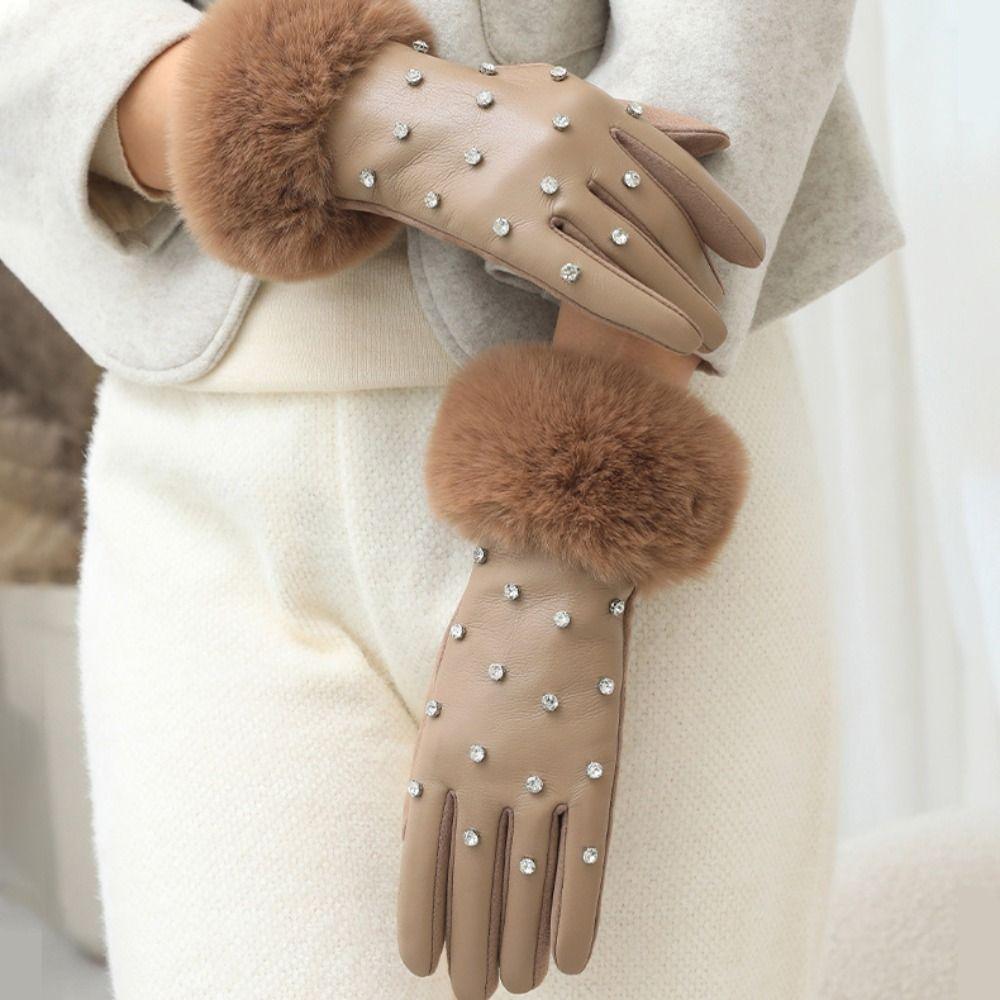 Plush Pu Leather Gloves Soft Women Warm Mittens Gift Rhinestone Winter Gloves Girls