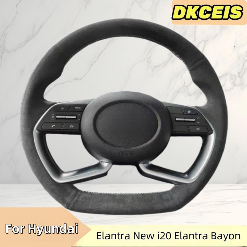 Car Steering Wheel Cover Suede Leather Black For Hyundai Elantra New i20 Elantra Bayon   Steering Wheel Braiding Cover Black Thread