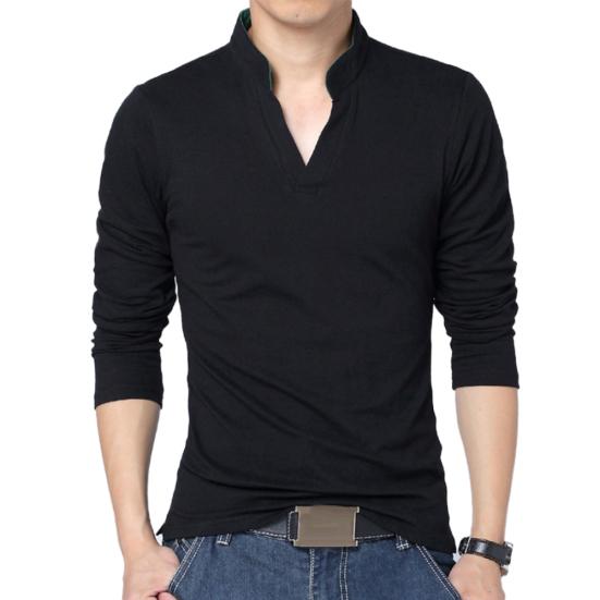 Solid Color Men Plus Size Stand Collar V Neck Long Sleeve T-Shirt Slim Fit Top