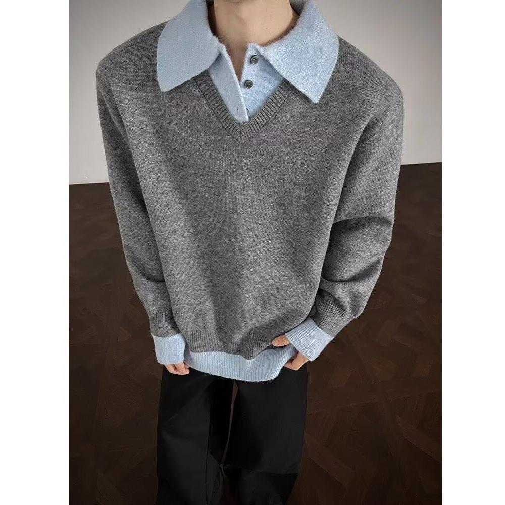 Men s Autumn/Winter High-End Style Polo Collar Two-Piece Sweater M серый