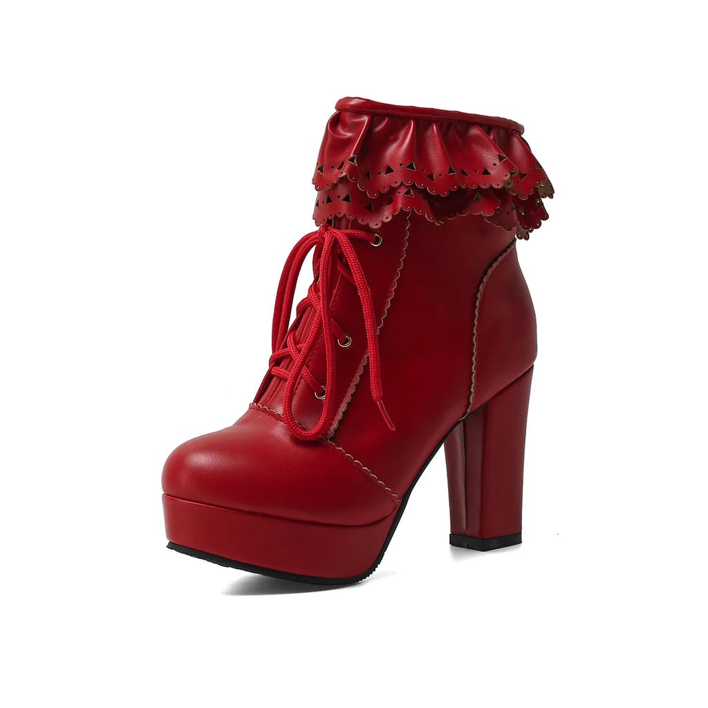 Fashion Autumn Winter Women Lolita Boots Japanese Sweet Faux Leather Shoes Ruffle Trim Lace Up Princess Lolita Cosplay Mid Calf Boots