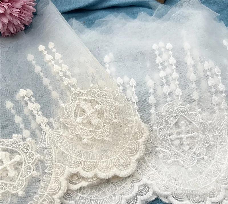 3Yards(2.7Meters)/lot 18cm Wide France Style Apricot/White Wave Edge Mesh Flow Heart Falling Holy Cross Embroidery Lace Trim DIY Clothing Accessories