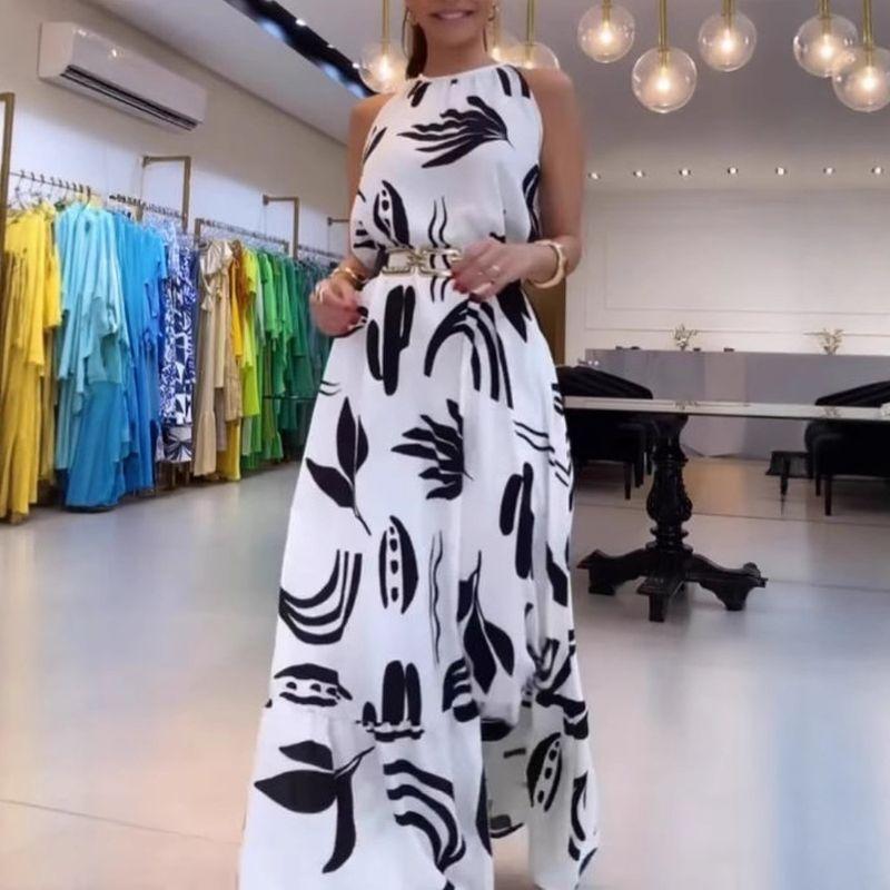 

Sleeveless Leaves Black and White Print Jumpsuit Long dress Without Belt Printed Jumpsuit Long Skirt White M