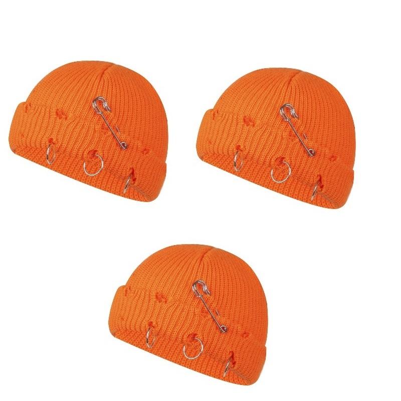 Women Girls Y2k Gothic Beanie Winter Knit Hats Trendy Metal Rings Pin Hip Hop Streetwear Harajuku Skull Cap Emo Scene Grunge