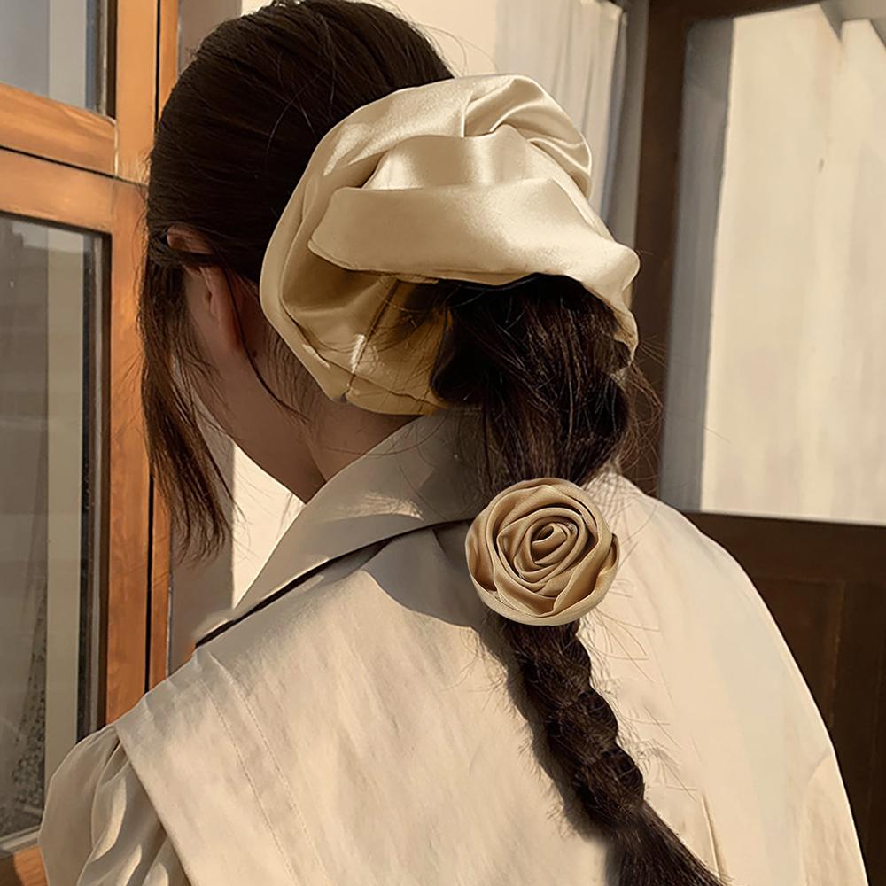 2Pcs Retro Flower Hair Rope Satin Rose Hair Band Summer New Temperament Headband Sweet Elastic Hair Bands Ponytail Holder Women