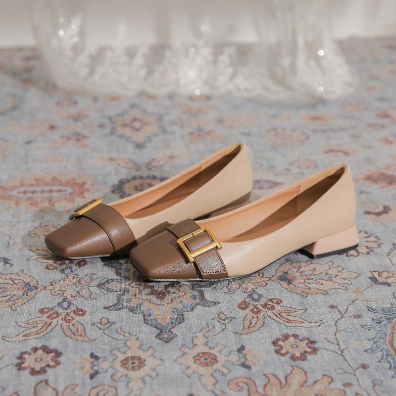 

French niche low-heeled single shoes, small fragrant temperament, square head color matching belt buckle, light mouth, spring and summer new grandma 34 абрикосовый