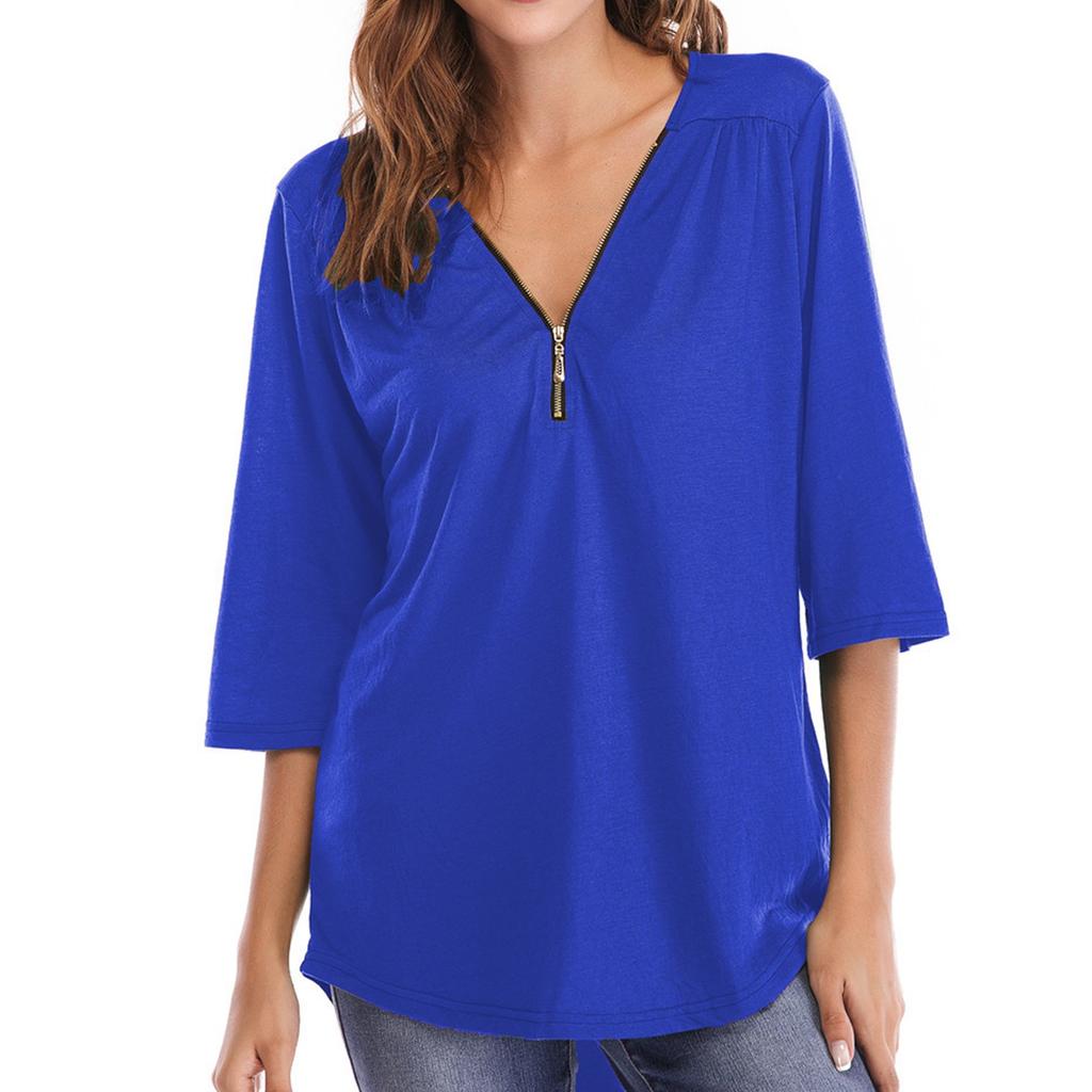 Ladies' Loose Comfortable Casual And Fashionable Pleated Zipper Loose Half Sleeved T-shirt Top