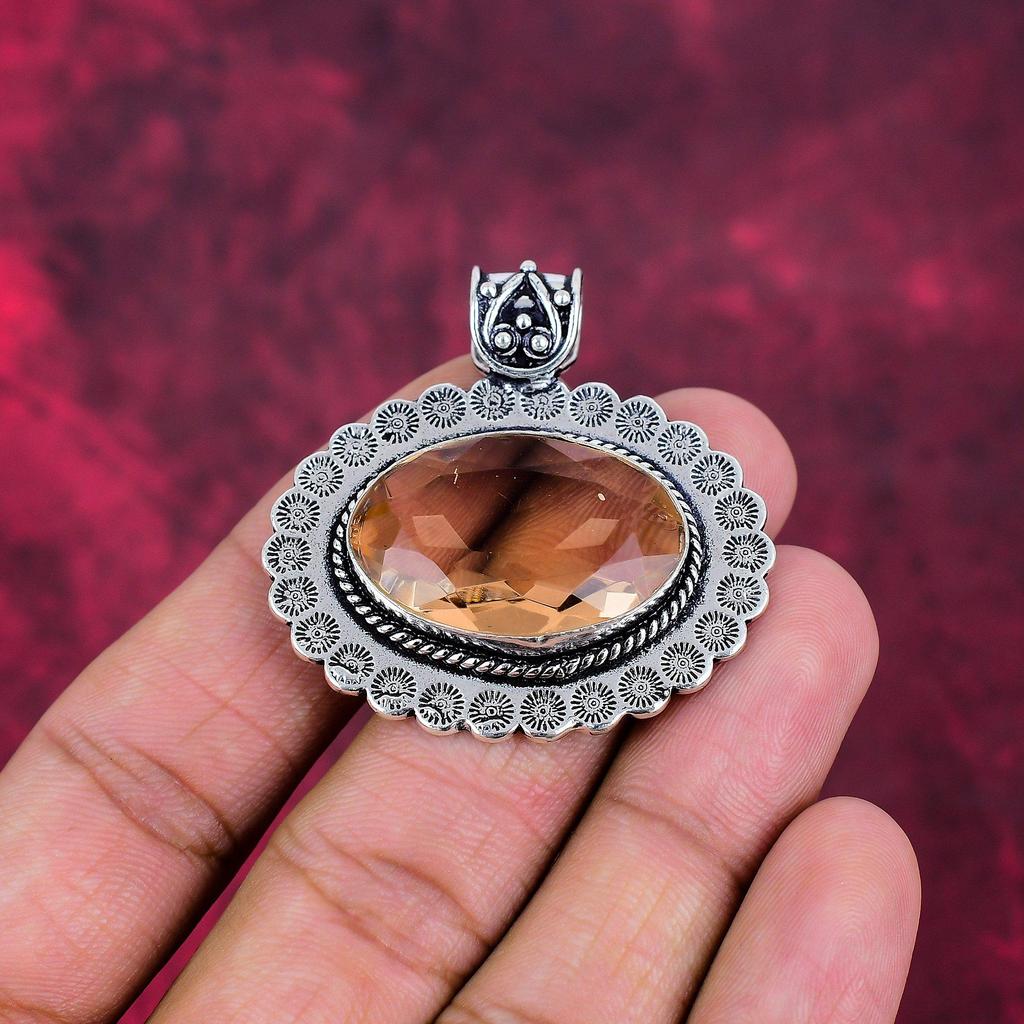 Morganite Pendant, Handmade Gemstone 925 Solid Sterling Silver Pendant Antique Jewelry, For Engagement Gift