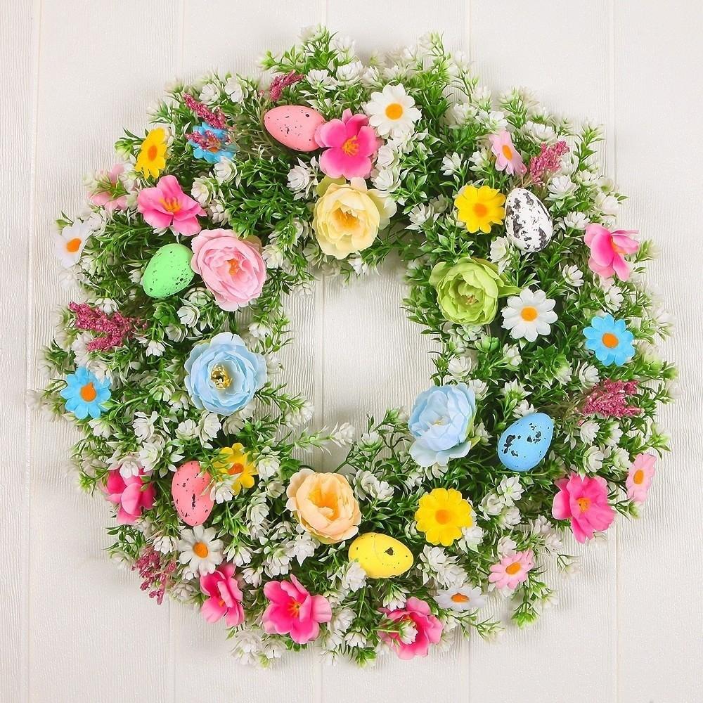 Plastic Easter Decoration Wreath Simulated Plant Lifelike Easter Egg Wreath Faux Flowers Handmade Spring Floral Wreath