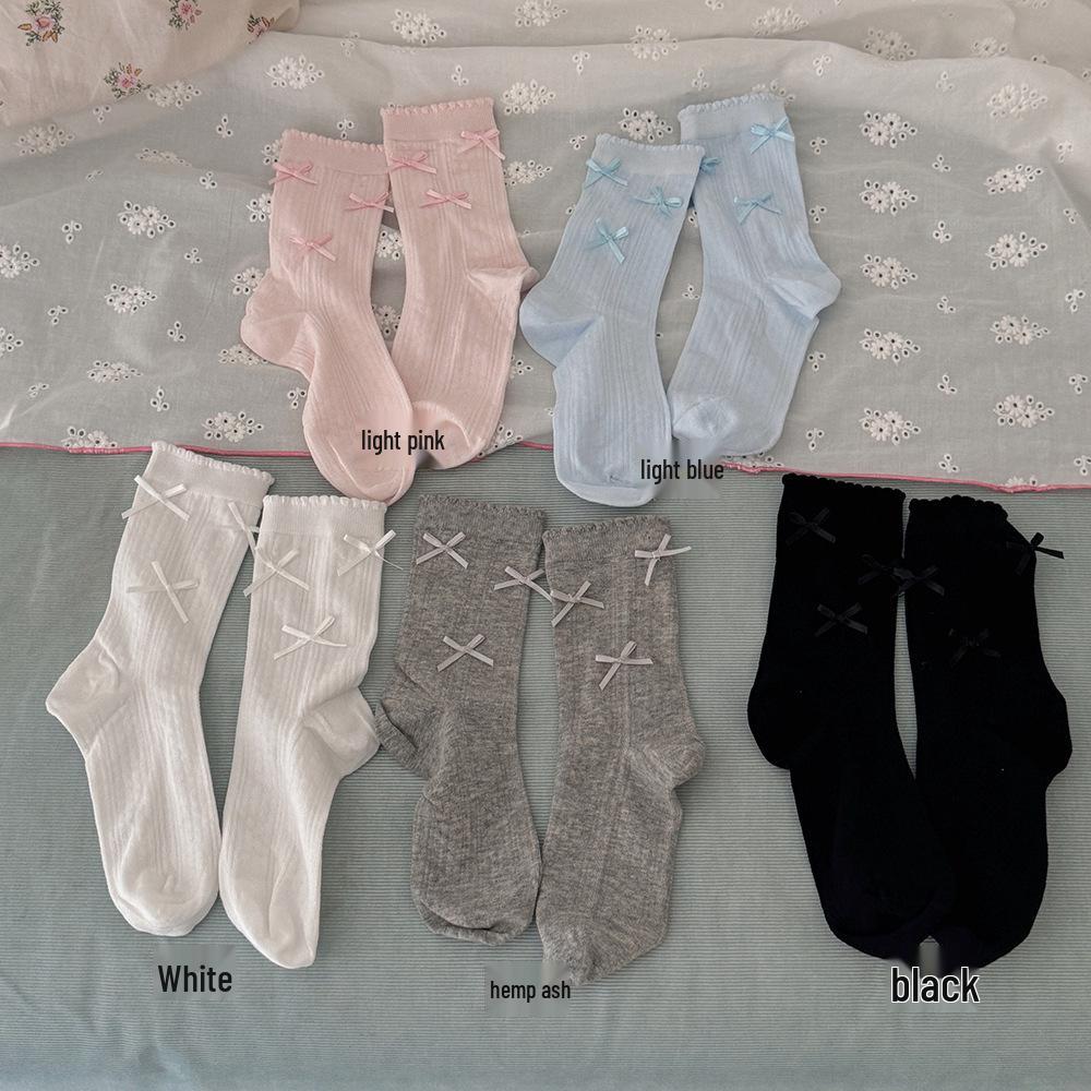 Women s Miu-Style Bow Seamless Socks - Mid-Calf, Thin Spring/Summer Sweet Mesh Ruched, 2026 One Size светло-синий
