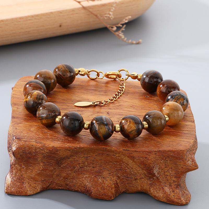 Natural Tiger Eye Stone Beaded Bracelet for Men Women Vintage Stainless Steel Jewelry Adjustable Chain Accessory Gift