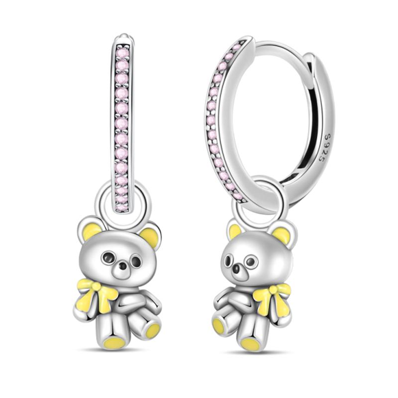 Women's 925 Silver Teddy Bear Rabbit Donut Pink Theme Sweet Romantic Priginal Design Earrings Engagement Party Exquisite Jewelry