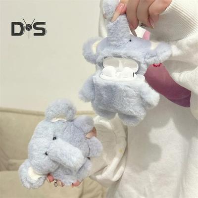 Plush Blue Elephant Earphone Case for Airpods 3D Cartoon Fur Animal Headphone Cover for Women Girls