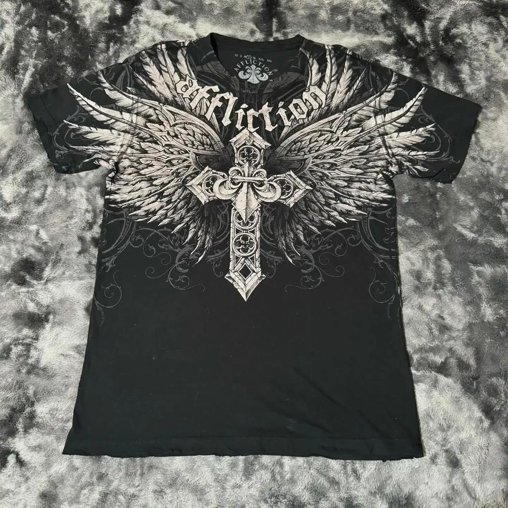 Dark Purple Street Affliction Big wing T shirt Vintage Clothing Punk Hip Hop Graphic Print Oversized tops Men Round Sleeve tee