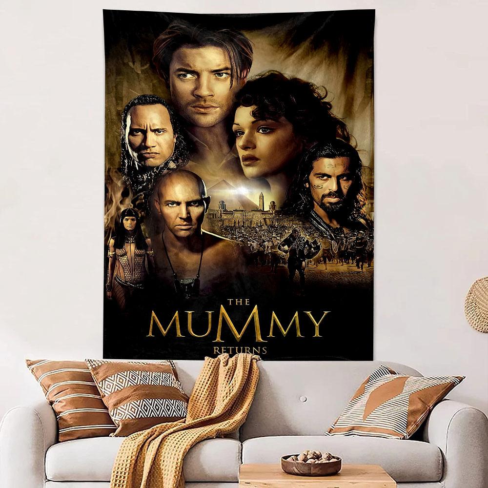 A collage of character portraits set against an ancient Egyptian backdrop. Patterned tapestry for bedroom and living room home decor