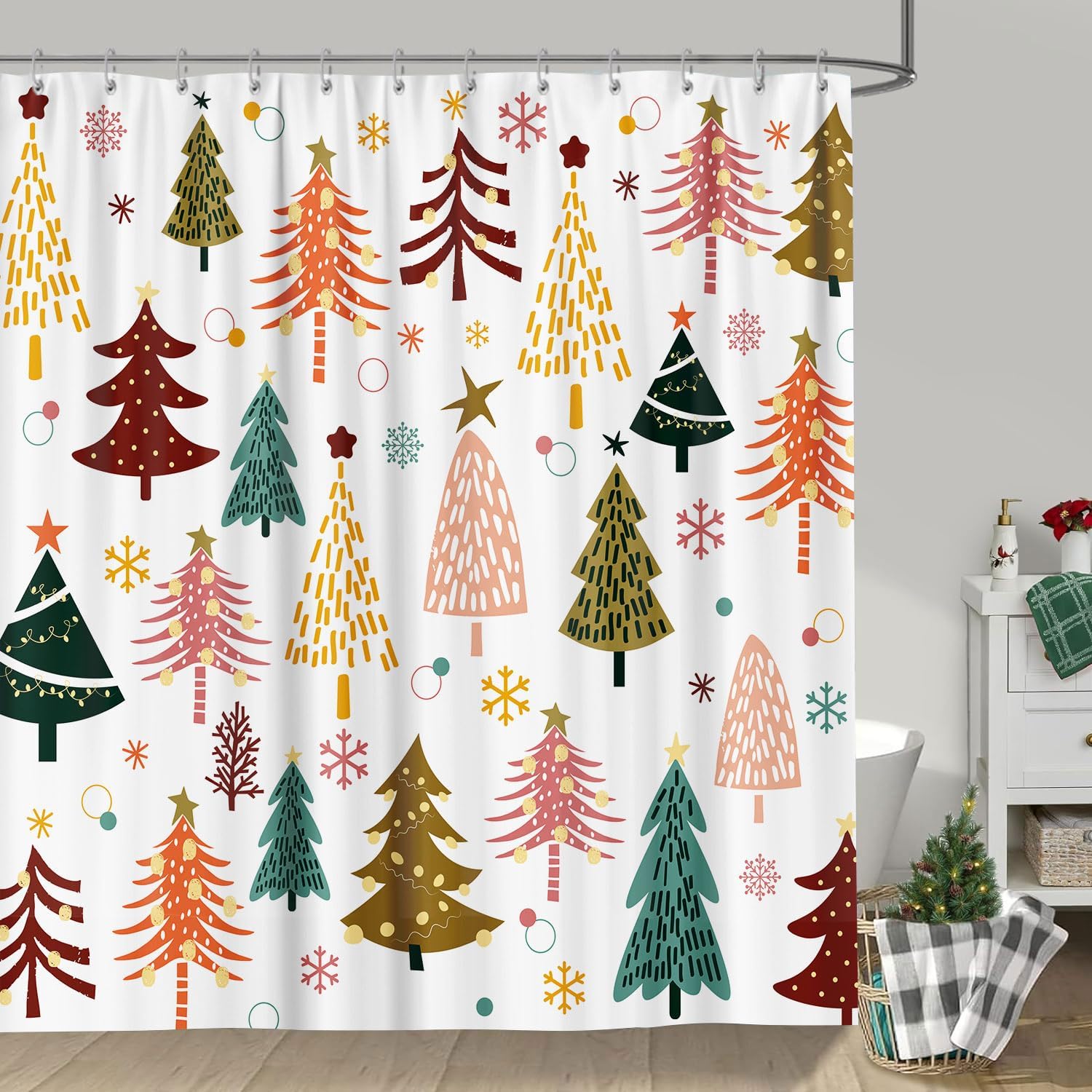 

Boho Christmas Tree Shower Curtain With Colorful Abstract Pattern, Cute Aesthetic Bathroom Decor For Winter Xmas Holiday W60H190(CM)-1 Pcs