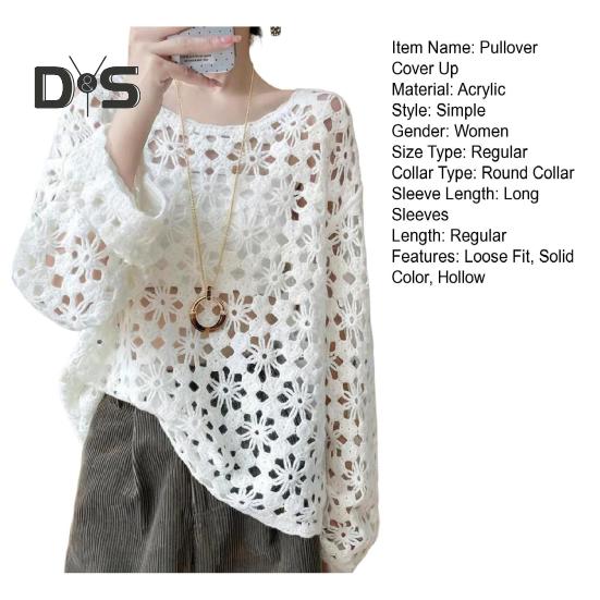 Women Pullover Cover Up Round Neck Long Sleeve Hollow Knitting Tops Solid Color Crochet Sunscreen Tops