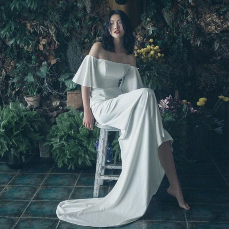 Light wedding dress 1011 new simple off-shoulder forest style bridal marry fishtail French Hepburn travel photo veil
