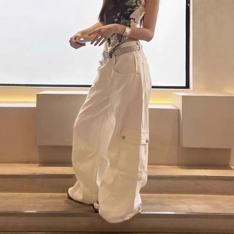 Autumn New High Waist Loose Casual Pockets Straight Jeans Women Wide Leg White Denim Pants Cargo Trousers