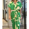 Green Elegant Dress Women Art Print Lapel Short Sleeve Single Row Button Tie Up Pleated Design Shirt Dresses Female