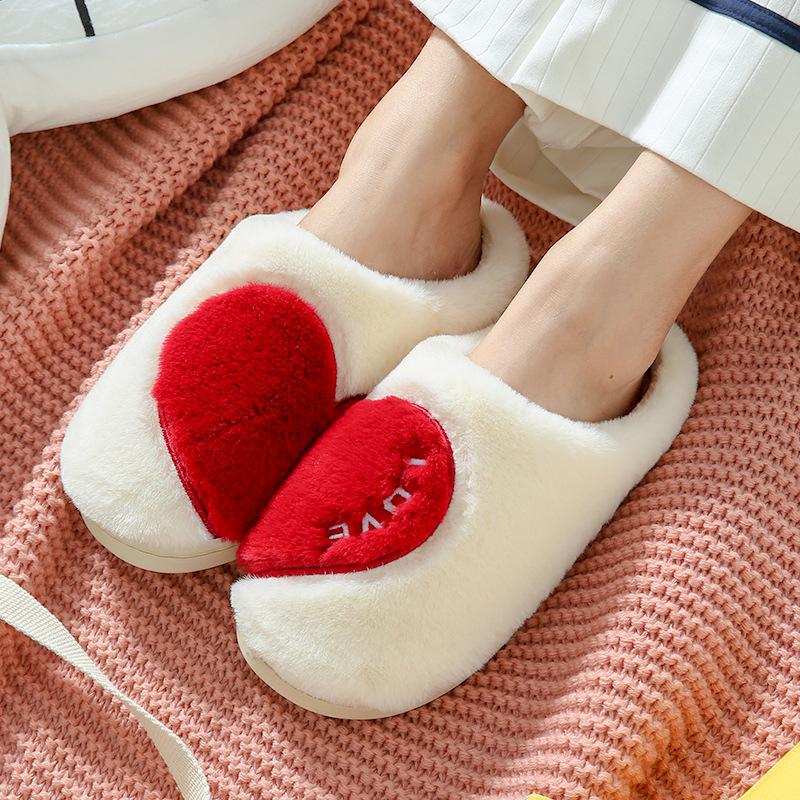 Fashion Women House Slippers Female Flock Heart-shaped Warm Plush Flat Slipper Lady Comfortable Indoor Home Cotton Shoe Women's Footwear