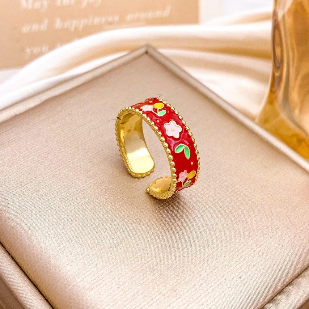 New Versatile Floral Open Ring Colorful Does Not Fade Enamel Ring Alloy Oil-drop Vintage Jewelry Party