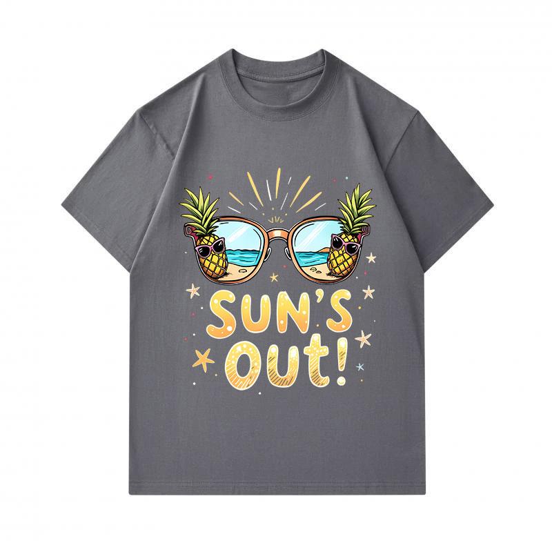 Men's 100% Cotton Crew Neck Short Sleeve T-Shirt, Funny Sun's Out Pineapple Sunglasses Beach Printed Casual Summer Holiday Tee Tops