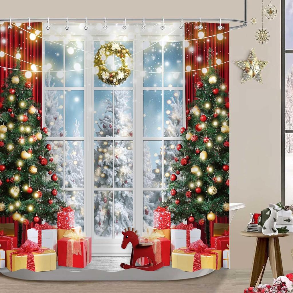 Christmas Shower Curtain Holiday Tree Gifts Window Scene Festive Decor Lights Wreath Bath Decor Waterproof Fabric 150x210