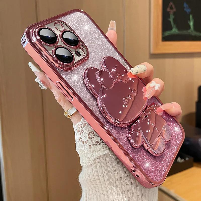 

Glitter Gradient Plating Rabbit Mirror With Holder Case For iPhone 16 11 12 13 14 Plus 15 Pro Max Lens Protection Soft TPU Cover For iPhone 16 Pro